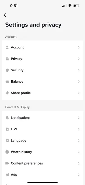 TikTok You settings and privacy screen on Android